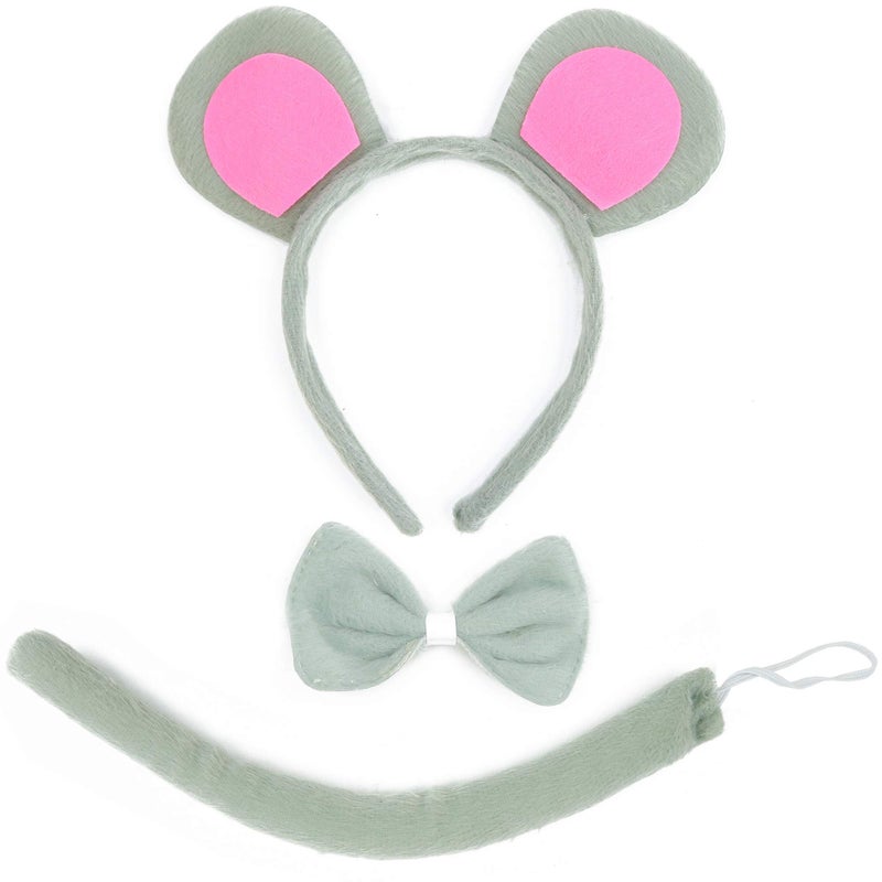 Skeleteen Mouse Costume Accessory Set - Grey and Pink Ears Headband, Bow Tie and Tail Accessories Set for Rat Costume for Toddlers and Kids - Image 1